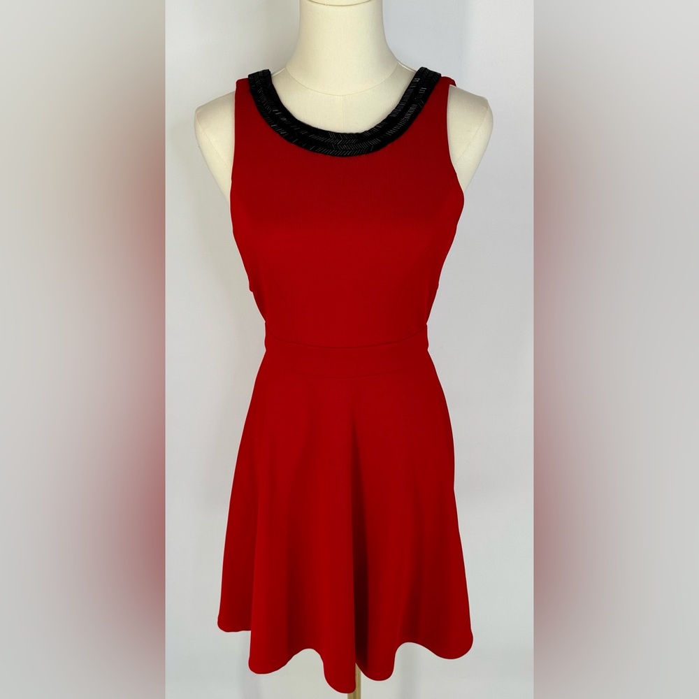 Xoxo red skater dress w/ cut out sides & back with black beading